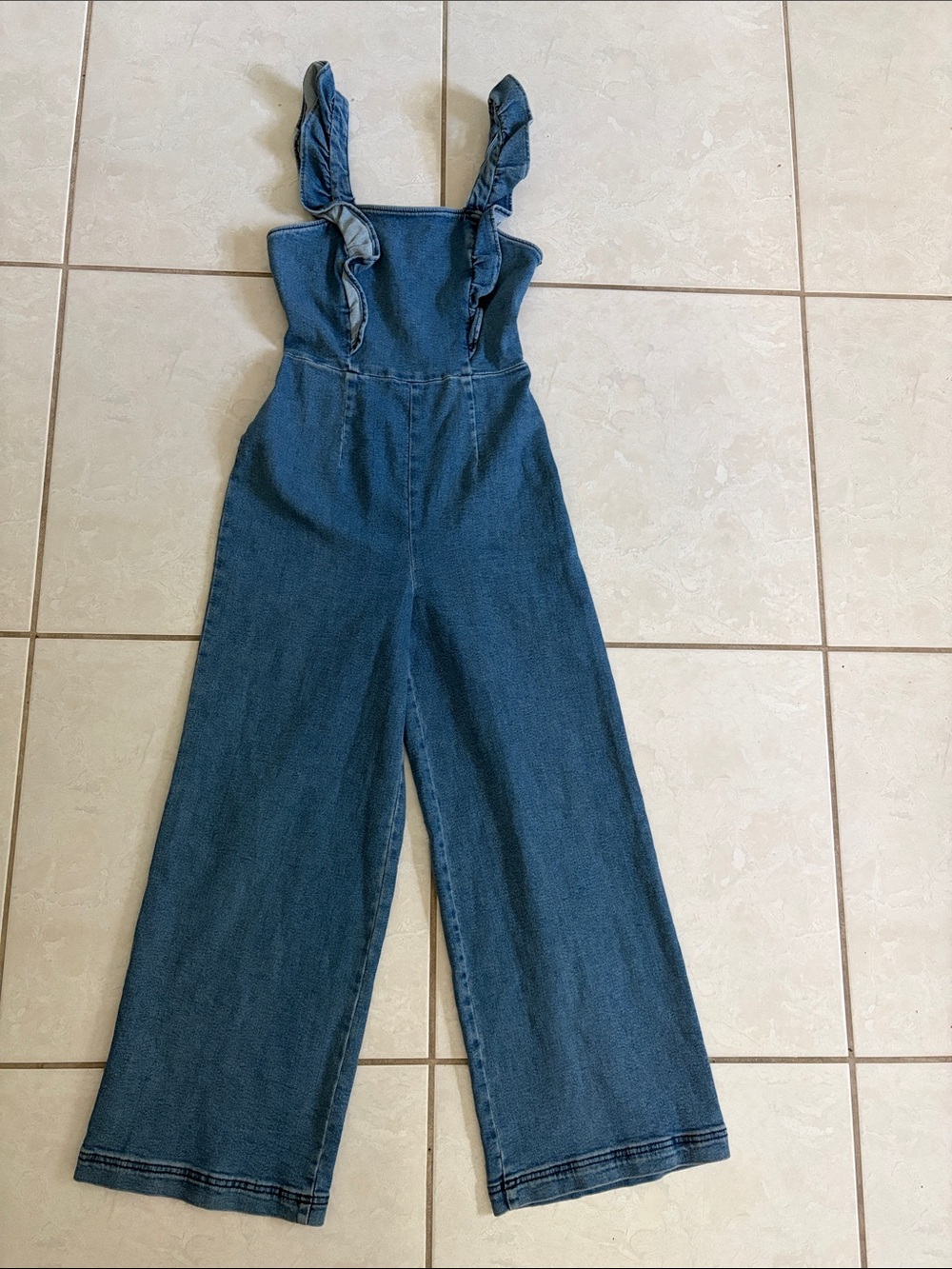 Urban Outfitters Light Blue Denim Jumpsuit with Ruffle Straps